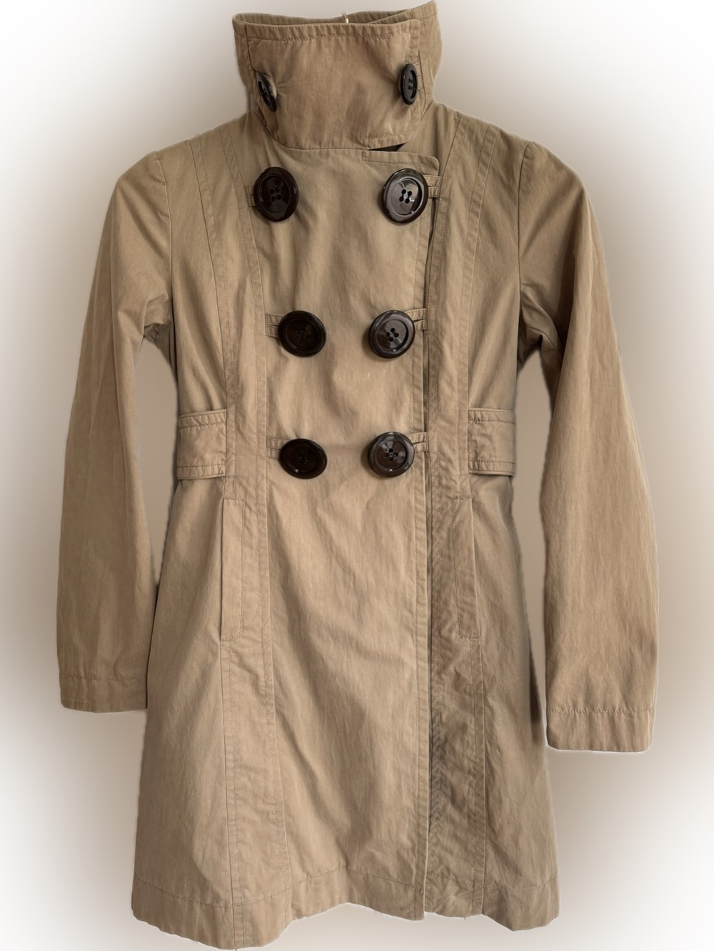 Soïa & Kyo TRENCH COAT FUNNEL NECK DOUBLE BREASTED LINED VINTAGE POCKETS S TAN